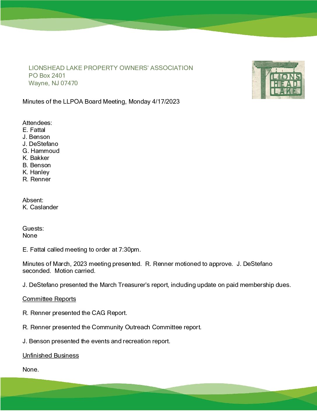 LLPOA April 2023 Meeting Minutes