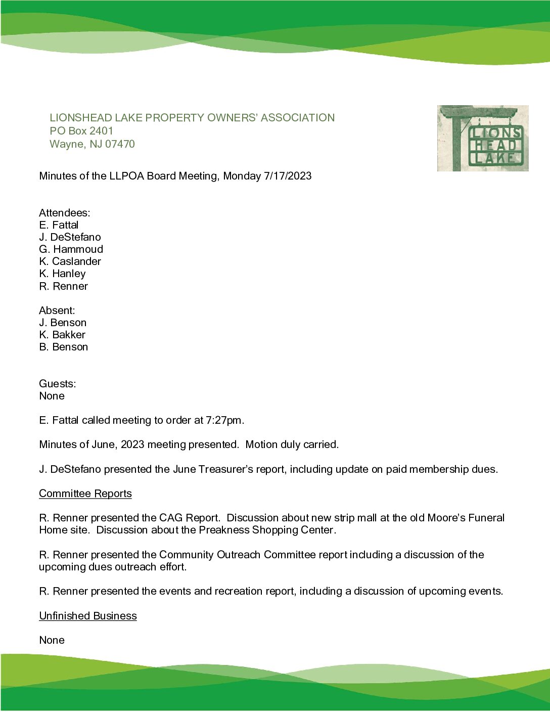 LLPOA July 2023 Meeting Minutes