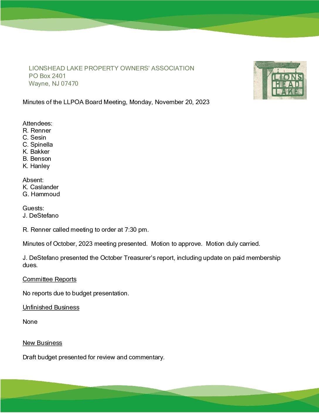 LLPOA November 2023 Meeting Minutes