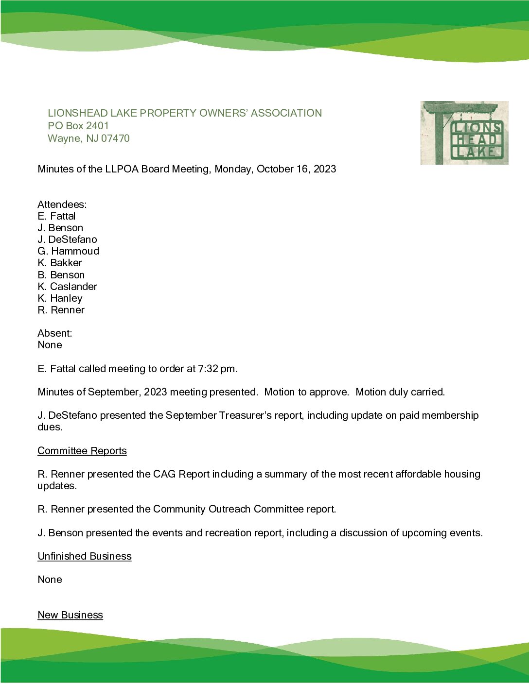 LLPOA October 2023 Meeting Minutes